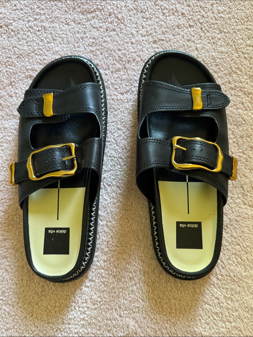 Dolce Vita Black Slides with Gold Buckle Accents